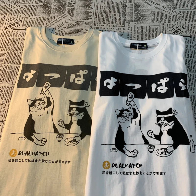 Original Japanese Retro Cat Print Pure Cotton Short Sleeved T-Shirt for Women'S Men'S Trendy Street Loose Couple T-Shirt