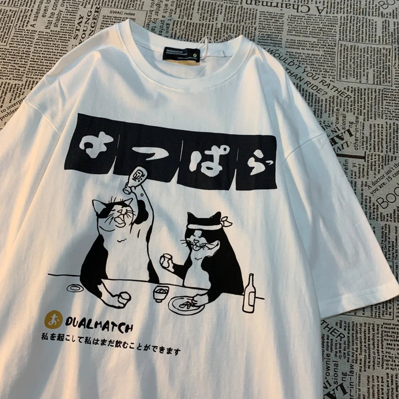 Original Japanese Retro Cat Print Pure Cotton Short Sleeved T-Shirt for Women'S Men'S Trendy Street Loose Couple T-Shirt