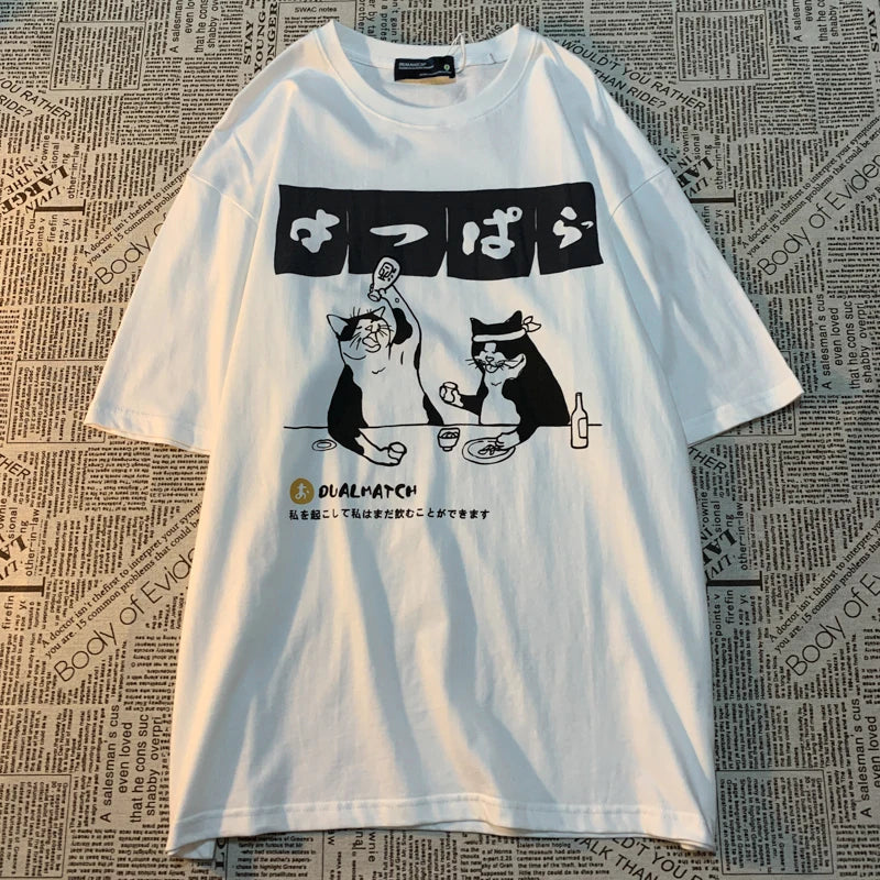 Original Japanese Retro Cat Print Pure Cotton Short Sleeved T-Shirt for Women'S Men'S Trendy Street Loose Couple T-Shirt